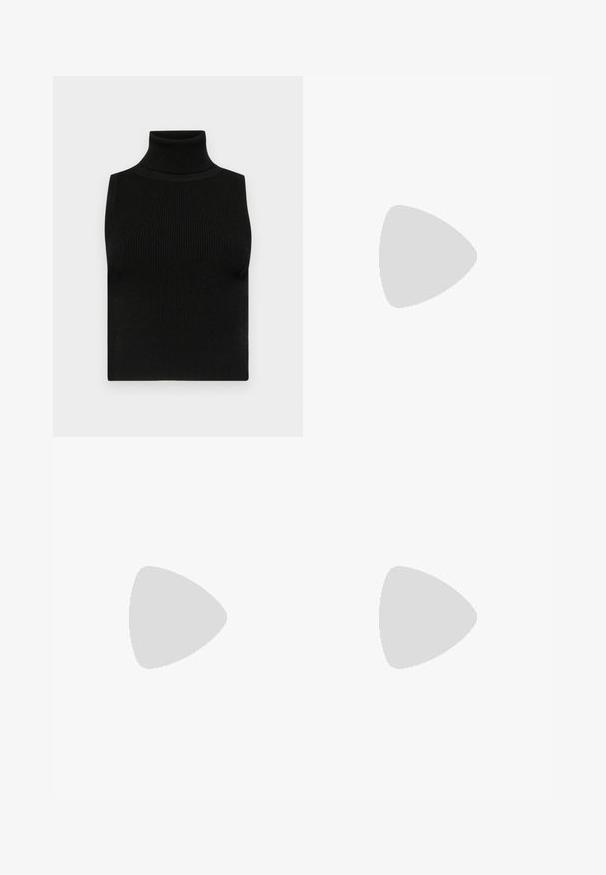 Black sleeveless turtleneck top with ribbed texture and fitted design. Smooth fabric with a high neck and no additional embellishments.; Bright green, flared trousers made of a smooth fabric, featuring a flat front and no visible pockets. Clean, minimalistic design.; Black heeled sandal with crossed straps and adjustable buckle. Features a smooth texture and tapered stiletto heel.; Black leather handbag with structured design, dual top handles, detachable shoulder strap, gold hardware, and a logo charm accent.