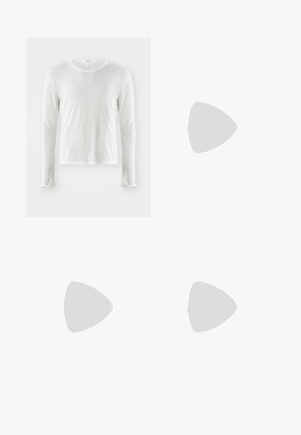 White long-sleeve shirt with a round neckline, made from a lightweight, slightly textured fabric; features rolled cuffs and a relaxed fit.; Black denim jeans with a straight leg design, featuring a button closure, five pockets, and copper-tone hardware accents.; Black leather ankle boot with a pointed toe, minimal stitching details, a mid-height block heel, and a smooth, polished finish.; Black rectangular sunglasses with dark lenses, thick plastic frame, gold accents on temples, and brand logo engraved on the arm.