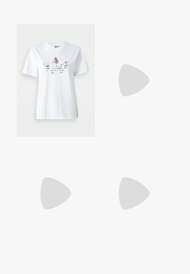 T-shirt en coton blanc présentant un grand graphique pailleté et sombre du logo trèfle Adidas sur le devant. Manches courtes et col rond.; Chino en coton beige avec une coupe droite, fermeture par bouton et passants de ceinture. Texture lisse sans motifs ni accents visibles.; Baskets avec une tige en cuir crème, des rayures bleu clair et des accents pêche. Présentent une semelle en caoutchouc brun texturé et un design minimaliste.; Boucles d'oreilles en argent en forme de créole avec une finition lisse et brillante, au design minimaliste et avec une fermeture sécurisée en haut.