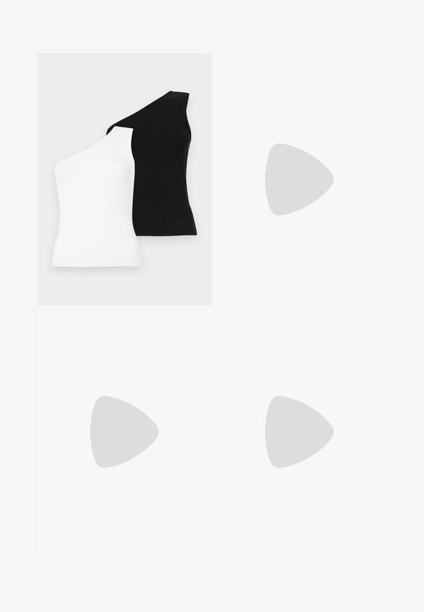 Asymmetrical tank tops in white and black. Made of ribbed fabric with one shoulder design. Smooth texture and fitted shape.; Black flared pants made of a smooth fabric. Features a high waist, three decorative buttons, and a zippered side pocket.; Black suede slip-on shoe with a pointed toe and a small decorative bow on the vamp, featuring a flat sole and an open back.; Crochet bag in light beige, featuring a textured pattern. Gold chain strap, with decorative studs along the edges for added detail.