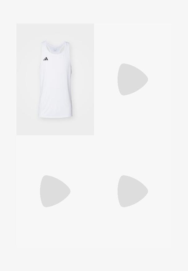 Biała, bezrękawnik sportowy z lekkiego materiału, z czarnym logo Adidas na lewej piersi i okrągłym dekoltem.; Czarne szorty na elastycznej talii z regulowanym sznurkiem i małym odblaskowym logo na lewej nogawce.; adidas Performance - Obuwie do biegania treningowe; Okulary sportowe z przezroczystymi oprawkami, niebiesko-fioletowymi lustrzanymi soczewkami, kanciastym designem i czarnymi akcentami na zausznikach.