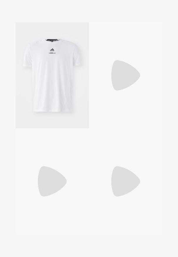 Camiseta atlética blanca fabricada en un material ligero. Presenta un escote redondo, mangas cortas y un logotipo negro de "LES MILLS" en la parte frontal.; Pantalones cortos de patrón negro y gris con una cinturilla elástica, que presentan un logo y el texto "VENUM" en un material bold y brillante.; Zapatilla deportiva en blanco y negro con parte superior de malla, presenta tres franjas blancas, una suela prominente etiquetada como "LIGHTSTRIKE PRO" y un diseño aerodinámico.; Gafas de sol con lentes transparentes, montura blanca y almohadillas de nariz de goma gris. Presentan un diseño elegante, forma angular y acentos mínimos en el hardware.