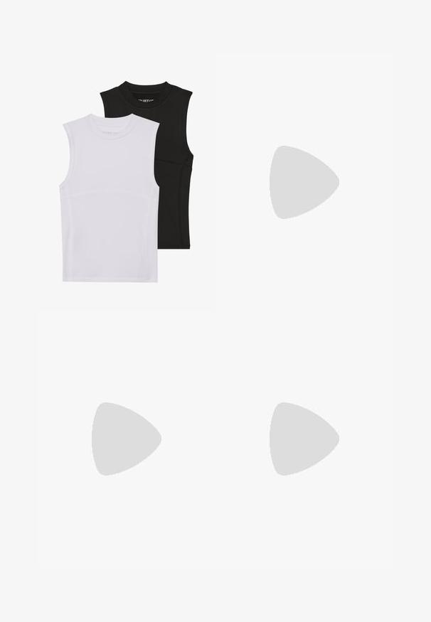 Zwei ärmellose Sportoberteile, eines in Weiß und eines in Schwarz, aus dehnbarem Stoff mit abgerundetem Halsausschnitt und sichtbaren Nahtdetails.; Rostfarbene Hose aus strukturiertem Stoff mit gebundenem Bund und geradem Beinverlauf. Schlichter und unverzierter Stil.; Schwarzer Lederloafer mit runder Zehenform, einem dekorativen Riemen und Hardware sowie einer robusten, strukturierten Sohle. Glatte Oberfläche mit dezenten Details.; Silberne Metall-Uhr mit einem gebürsteten blauen Zifferblatt, weißen Stundenmarkierungen und einem Datumsanzeiger. Verfügt über ein verlinktes Metallarmband und ein Markenlogo.; Silberne Halskette mit dicken Gliedern und einem zentralen runden Anhänger mit filigranen Details. Glatte, reflektierende Metalloberfläche.