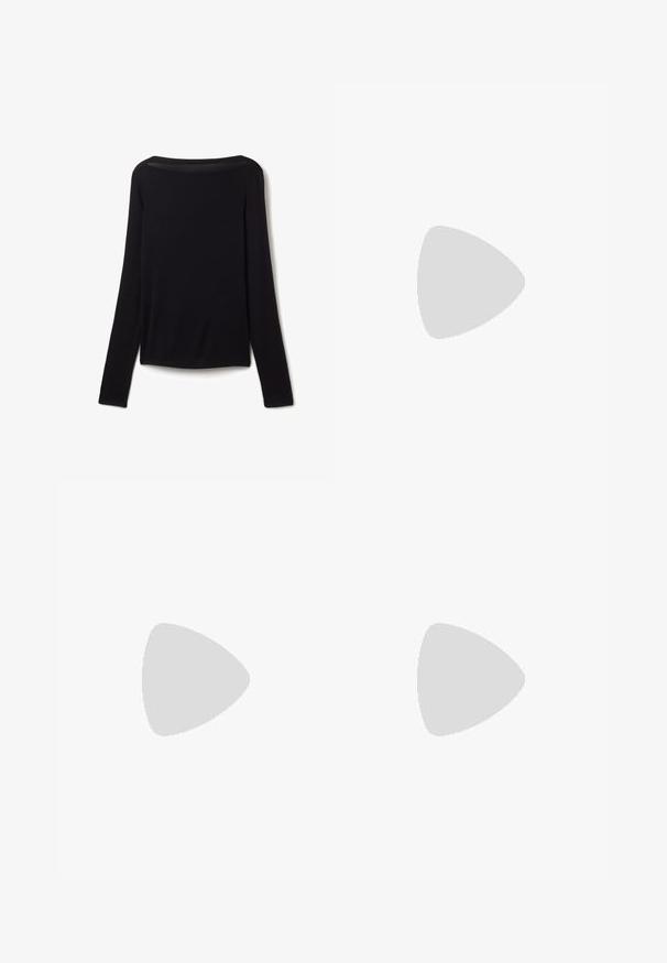 Haut noir à manches longues en tissu doux, avec un large col et une coupe légèrement ample, sans motifs visibles ni détails matériels.; Jeans en denim à jambes larges de couleur bleu foncé, dotés d'une taille haute, de quatre poches et de détails de couture visibles. Texture lisse avec une coupe classique.; Botte noire à sequins jusqu'au genou avec un bout pointu, un talon structuré et une texture froncée le long de la tige pour une silhouette ajustée.; Sac à main en cuir noir avec une texture lisse, de forme rectangulaire, deux poignées courtes et peu de détails en métal. Logo de la marque embossé à l'avant.