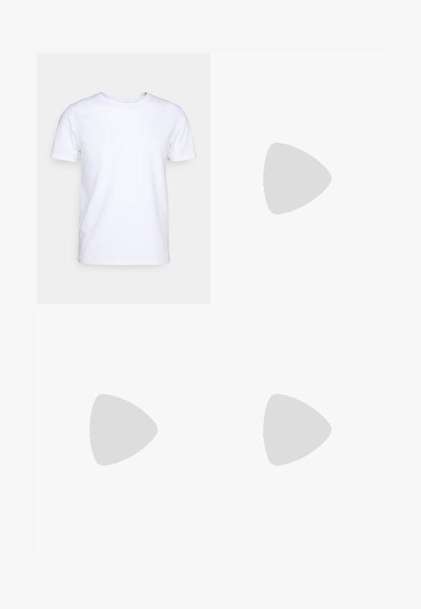 White short-sleeve t-shirt in cotton fabric with a round neckline. Simple design with no patterns or accents. Smooth texture.; Navy blue cotton trousers with a straight cut, featuring belt loops and a zip fly, smooth texture, and clean finish at the hems.; White leather sneaker with a smooth surface, round toe, and minimalistic design. Features beige accents on the heel and a rubber sole.; Black round sunglasses with dark lenses and slim metal arms. Includes clear temple tips and silver accents at the hinge. Minimalist design.