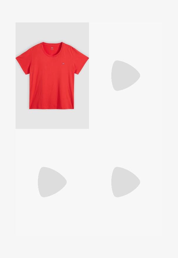 Tricou roșu din bumbac, cu guler rotund, mâneci scurte și un mic patch cu logo-ul Levi's pe partea stângă a pieptului. Textură netedă, croială lejeră.; Jeans negri din denim, cu tăiere slim-fit, cu închidere frontală cu button și fermoar, buzunare pentru curea și cinci buzunare, prezentate pe un fundal simplu deschis.; Pantofi mary jane din piele neagră, cu două curele ajustabile, vârful rotunjit și o talpă din cauciuc texturat pentru o aderență sporită.; Ochelari de soare negri din metal cu rame unghiulare și lentile întunecate. Au brațe subțiri și drepte și suporturi pentru nas pentru o potrivire sigură.