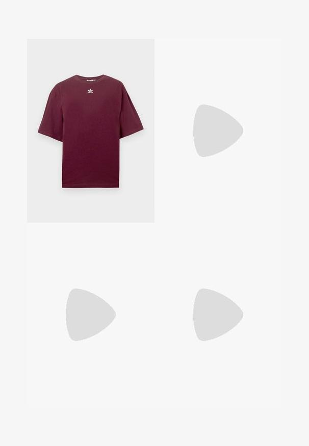 Tricou din bumbac burgund cu guler rotund și mâneci scurte, având un logo Adidas alb centrat pe piept. Textură netedă.; Pantaloni largi cu un model din piele de leopard, având un fundal bej deschis, cu pete negre și maronii, confecționați dintr-un material texturat.; Tenisi din suede roșu cu trei dungi albe, vârf rotund și talpă texturată, asortați cu blugi din denim albastru deschis pe un fundal verde.; Geantă de mână din piele burgundă, cu un design moale și pliat și o formă rotundă. Mânerele sunt securizate, evidențiind o textură netedă.