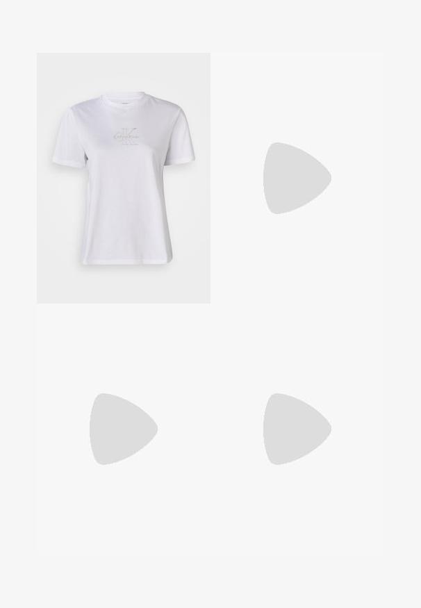 Baltas medvilninis marškinėliai su trumpomis rankovėmis, su tekstūruotu šviesiai pilku "Calvin Klein" logotipu per krūtinę, apvaliu kaklu.; Šviesiai pilki kelnės su elastinga juosta, plačiomis kojomis ir lygia tekstūra. Be matomų raštų ar metalinių detalių.; Juodas oda butas batelis su smailiuėjimu, reguliuojama juosta ir žemu kulnu. Lygus paviršius ir minimalistinis dizainas, tinkantis įvairioms aprangoms.; Auksinės auskarų lankeliai su lygiu, suapvalintu dizainu ir blizgiu paviršiumi, turintys užsegimą. Išgraviruota "DKNY."