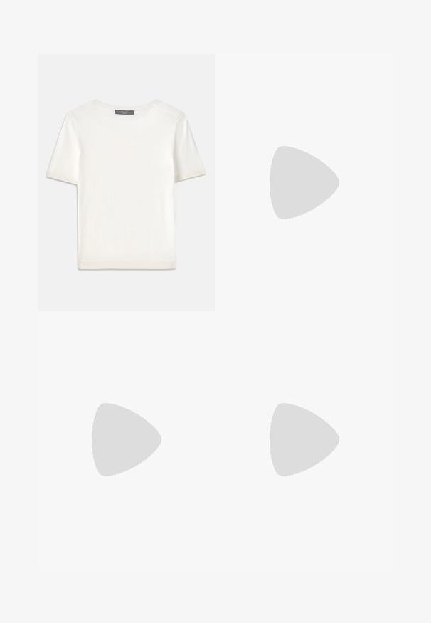 White short-sleeve knit top with a round neckline, featuring a smooth texture and subtle ribbed accents at sleeves and hem.; Weekend Max Mara ABITATA - Wide Leg - blu; Black leather high heel shoe with a pointed toe and a round, balled heel. Smooth texture with a sleek, minimal design.; Brown leather shoulder bag with a curved shape, smooth texture, and a single thin strap. Features a subtle seam and a small logo detail.