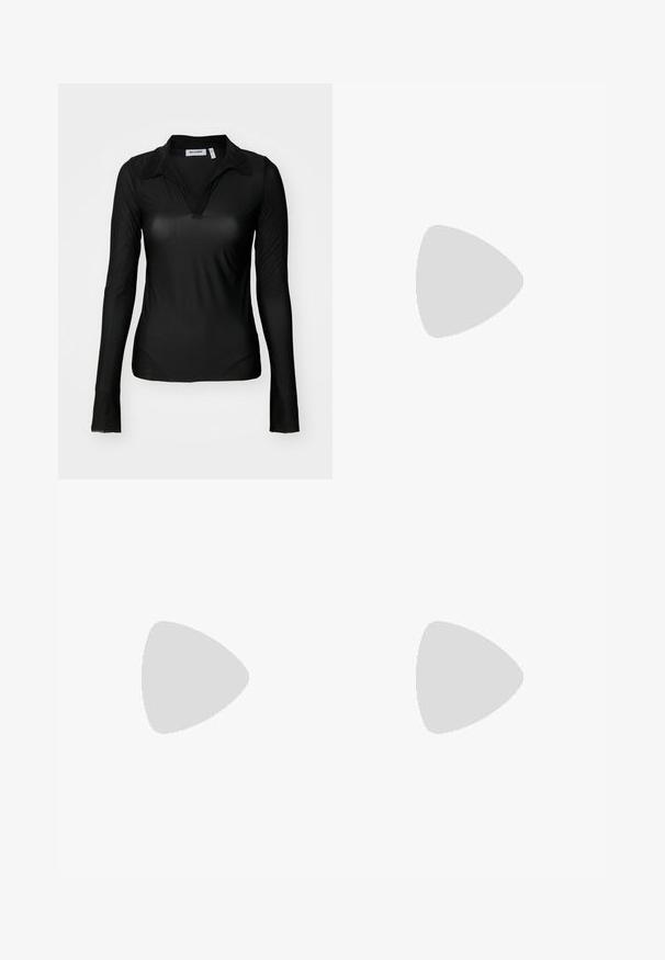 Weekday TRANSPARENT LONG SLEEVE - Hosszú ujjú felső - black; Sötétszürke unisex rövidnadrág réteges kivitelben, felső panellel és oldalsó kötővel. Simó, könnyű anyagból készült.; Fekete bőr bokacsizma hegyes orral, sima textúrával és oldalt elhelyezett cipzárral a könnyű felhúzás érdekében. Alacsony sarok, minimalista stílusú.; Sötétkék bőr kézitáska sima felülettel, lekerekített formával, hajtott tetejével és egyetlen vállpánttal. Ezüst színű kiegészítőkkel.