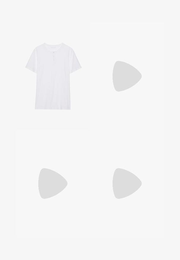 Maglietta bianca a maniche corte con scollatura rotonda, patta con tre bottoni e tessuto di cotone morbido. Nessun motivo o grafica presente.; Jeans in denim beige a gamba larga con vita alta, dotati di orlo sfrangiato, due tasche frontali e dettagli di cucitura sottili.; Infradito bianchi con una soletta testurizzata, strap sottile e una linea di accento multicolore sulla suola. Presenta il logo sulla fascia.; Tre bandane: una gialla con motivi neri, una bianca con disegni neri e una nera con grafiche bianche. Tutte sono quadrate e in tessuto leggero.