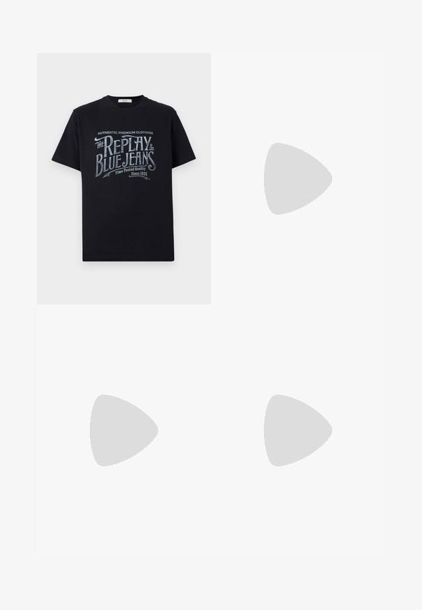 Black cotton t-shirt with short sleeves and a round neckline, featuring a vintage-style white and light blue graphic text design on the front.; Blue denim jeans with a straight leg fit, faded wash, five-pocket design, and contrasting stitching. Button and zip fly closure.; Black leather ankle boot with a rounded toe, front lacing, side zipper, and flat sole. Features embossed branding on the heel.; Sunglasses with a sleek, silver metal frame, gray tinted lenses, and an aerodynamic design featuring pointed edges and thin arms.