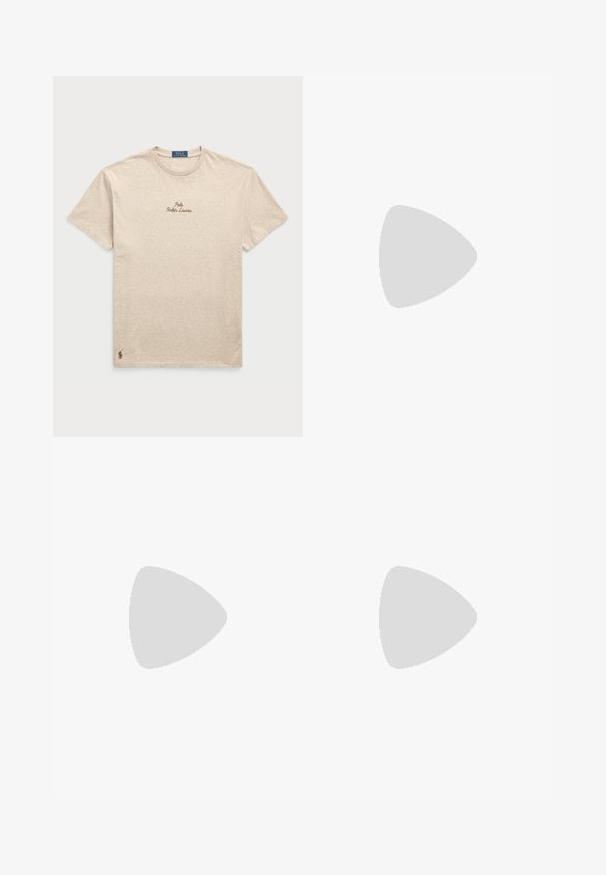 T-shirt en coton beige à manches courtes, col rond, avec un logo brodé "Polo Ralph Lauren" en marron et un petit emblème sur l'ourlet.; Shorts en denim noir taille haute, avec une fermeture à bouton sur le devant, quatre poches et une finition légèrement déchirée.; Un pantalon large à carreaux marron et bleu associé à des chaussures blanches avec des accents noirs et des semelles texturées, le tout sur fond vert.; Lunettes de soleil blanches avec des montures arrondies et des verres foncés. Possède une texture en plastique lisse et un petit logo sur la branche.