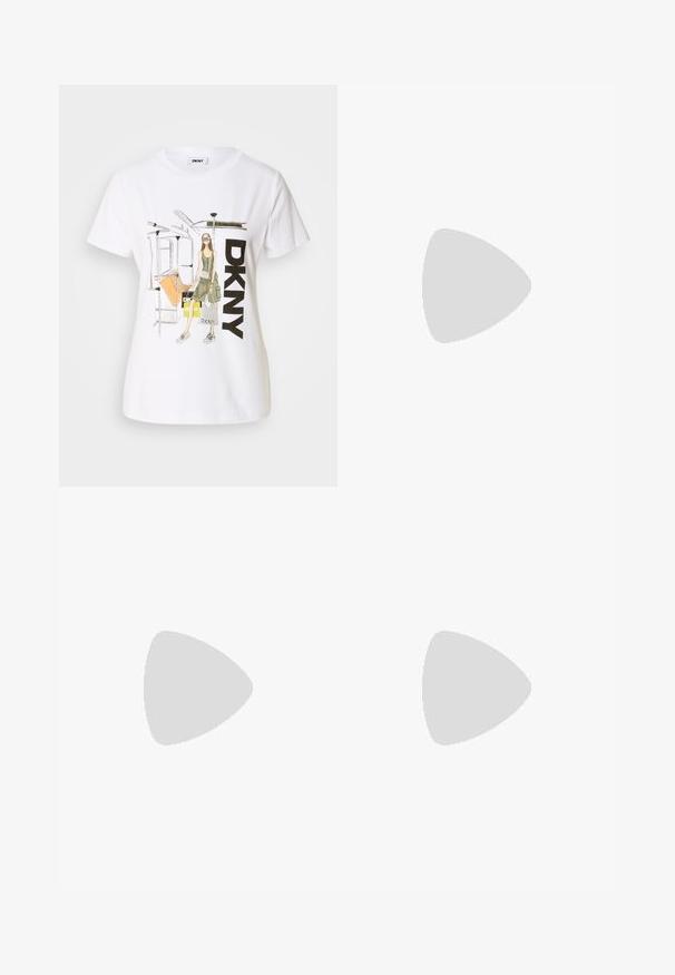 Weißes Baumwoll-T-Shirt mit einer grafischen Illustration einer Frau, dem Text "DKNY" und Elementen der New Yorker U-Bahn. Lässiger Schnitt, kurze Ärmel.; Schwarze Leggings mit einem lebendigen, von Schmetterlingen inspirierten Druck in Pink, Orange und Weiß. Ausgestellt geschnitten mit strukturierten Akzenten am Saum.; Schwarzer Leder-Slingback-Schuh mit spitzem Zehenbereich, schlankem Absatz und goldfarbener Hardware-Akzent am Vorderfuß. Glatte Textur und strukturierte Form.; Schwarze Ledertasche mit strukturiertem Finish, ausgestattet mit zwei oberen Griffen, einem abnehmbaren Schultergurt und einem silbernen Verschlussdetail.