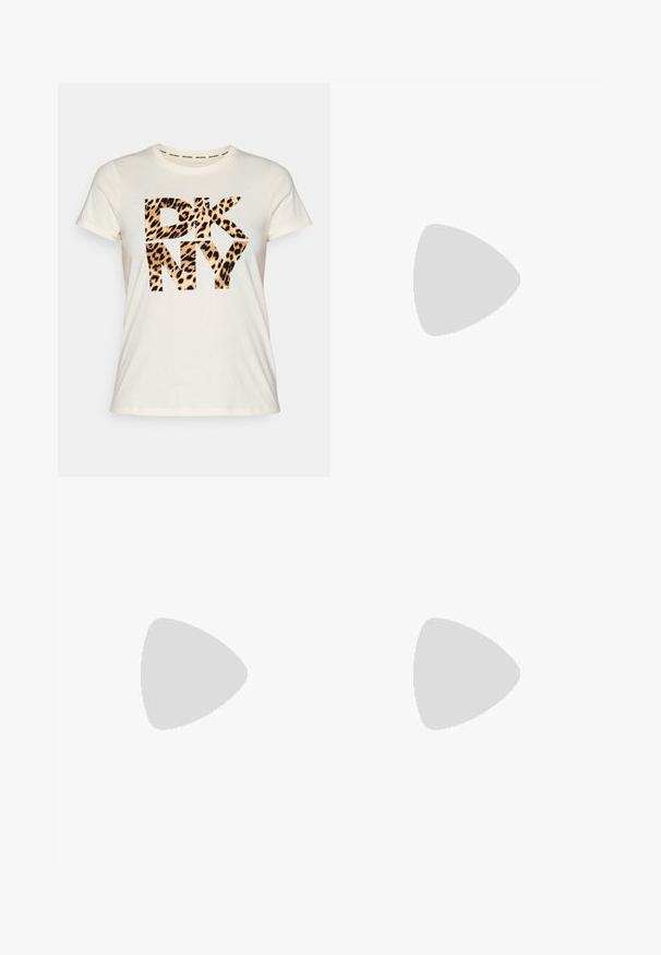 Krämfärgad t-shirt med kort ärm som har en djärv, stiliserad svart och leopardtryck "DKNY" grafik på framsidan. Mjuk kvalitet; avslappnad design.; Teal vida byxor med vida ben i texturerad stickad tyg, med resårmidja och dragsko för justering.; Brun lädersandaler med korslagda remmar, platt sula och en jämn textur. Enkel design utan utsmyckningar eller mönster.; Sunglasses med oval form, klar plastbygel, mörkgrå linser och tunna genomskinliga armar med logotypsaccent och minimalt detaljerad design.; Brun läder crossbody-väska med logomönster, guldkedjestropp, dragkedjestängning och detaljer i guld. Kompakt och rektangulär form.