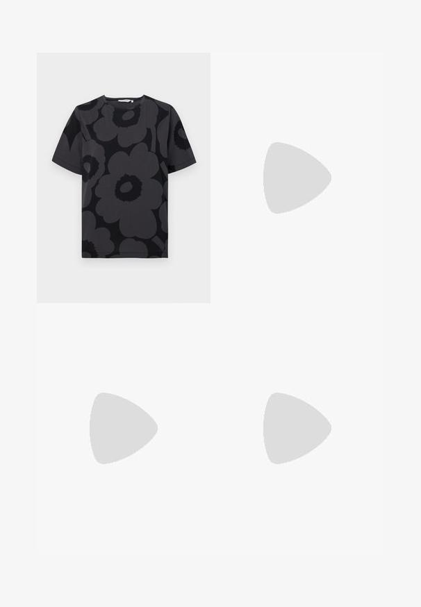 Dark gray t-shirt featuring a floral pattern in varying shades of gray and black, short sleeves, and a rounded neckline.; Blue and cream patterned wide-leg pants with an elastic waistband. Material appears lightweight and textured. Features irregular shapes throughout.; Black leather loafers with a smooth finish, stitched detailing around the toe, and a low rubber sole. Paired with wide black trousers.; Blush pink, smooth leather bag with gathered top, drawstring closure, and a thin strap. Features a subtle Calvin Klein logo on the front.