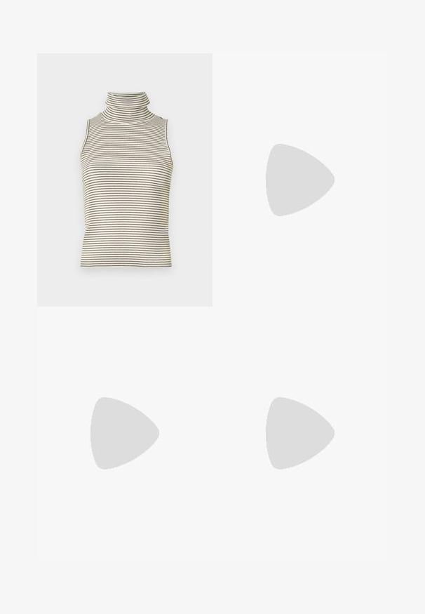 Top senza maniche a collo alto con righe verticali bianche e nere, realizzato in un tessuto a maglia testurizzato e dotato di un colletto alto e aderente.; Gonna plissée bianca realizzata in tessuto misto cotone, con un emblemma nero sul davanti e una cintura elastica per una vestibilità comoda.; Mule aperti con tacco alto in pelle marrone, dal design elegante, caratterizzati da una larga fascia anteriore e un sottile tacco a stiletto.; Borsa a mano in pelle nera con design curvo, caratterizzata da borchie argentate, una fibbia e due tasche laterali. Tracolla regolabile per diverse opzioni di trasporto.