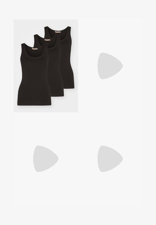Three black tank tops made of cotton, featuring a scoop neckline and narrow shoulder straps. They have a smooth texture and a fitted design.; Relaxed-fit, printed trousers in a blend of cream, black, and blue shades with a textured, abstract pattern. Features an elastic waistband with a drawstring.; Black patent leather flats with a square toe, featuring two straps with buckles. The soles are flat on a light wood floor.; Cat-eye sunglasses with a black and orange tortoiseshell frame, brown lenses, and sleek, pointed tips. Features a minimal logo on the temple.
