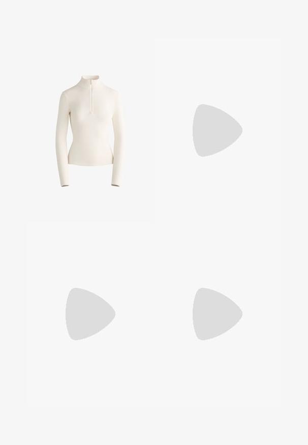 Lichtgewicht, crèmekleurig langemouwtop met een hoge kraag en halve rits, met een getailleerd ontwerp en een soepele textuur.; Witte sportbeha met verstelbare banden, gecombineerd met hoge zwarte leggings. Model staat in zwarte sportschoenen. Eenvoudig, functioneel ontwerp.; Hardloopschoenen in wit en grijs, met een ademende mesh bovenkant, een gepolsterde zool met uitsparingen en textuurdetails.; Sportzonnebril met een transparante roze lens. Voorzien van donkerblauwe en lichtgrijze monturen. Verstelbare neuspads verhogen het comfort.