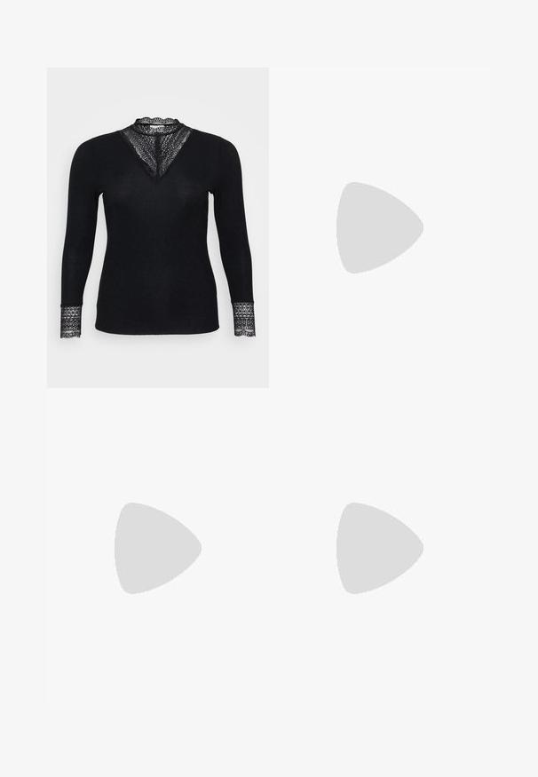 Svart langermet topp med ribbet tekstur, med blonderdetaljer ved halslinjen og ermekantene, samt en V-formet halsdesign.; Svarte bukser med rett snitt, med en glatt tekstur, to sidelommer og en midje med løkker. Ingen synlige lukking.; Sorte lærpumps med rund tå og mellomstor blokkhæl. Glatt tekstur med minimalt med detaljer, og har en subtil elastisk åpning.; Svart skinnveske med en glatt tekstur. Har en justerbar stropp og et strømlinjeformet, minimalistisk design med glidelås.