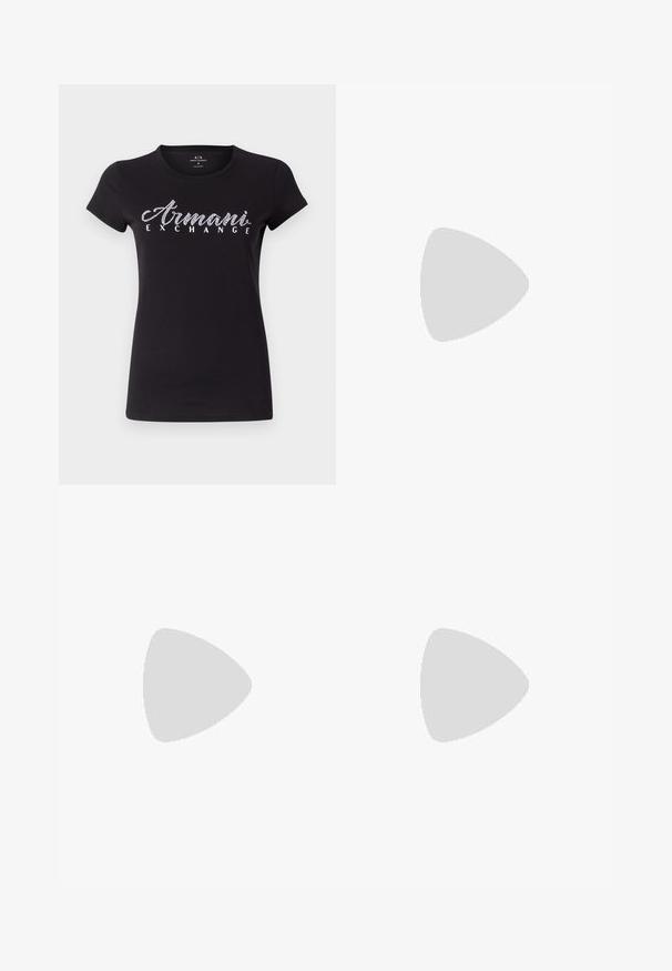 Zwarte T-shirt met korte mouwen van katoen, met een witte strasslogo "Armani Exchange" over de borst. Glad textuur, klassieke pasvorm.; Lichtbeige broek met een op maat gemaakt ontwerp, voorzien van een sluiting aan de voorkant, een gladde stof, een rechte pasvorm en zonder zichtbare patronen of accenten.; Zwarte leren ballerina met een ronde neus, gladde textuur, minimale stikdetails en een flexibele zoolontwerp.; Bruine leren handtas met een klep sluiting, gouden hardware, een schouderband en een gladde textuur. Compact rechthoekige vorm.
