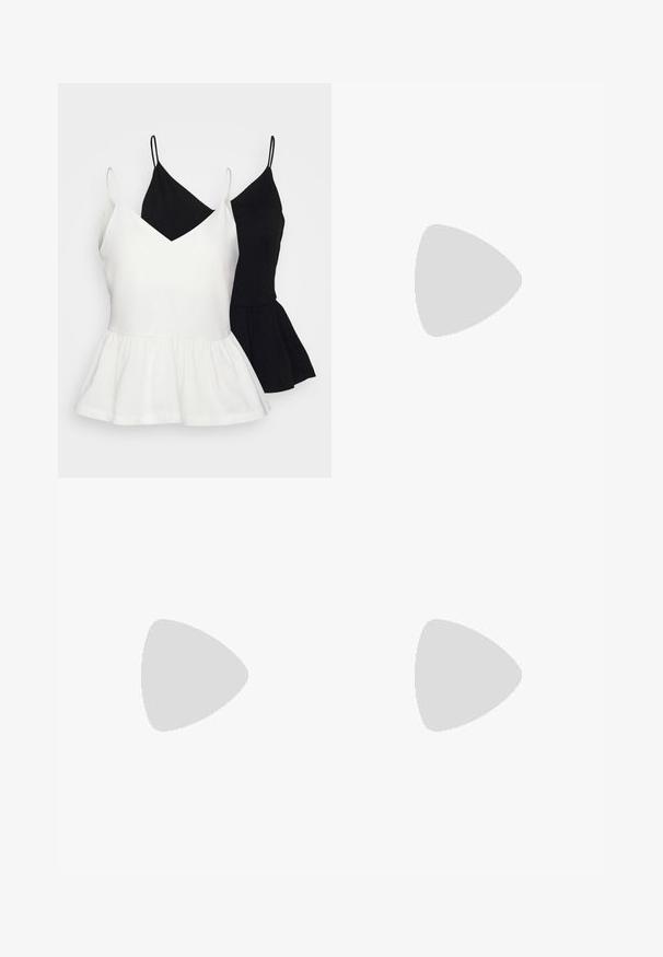 Dvě bezramínková peplum trika, jedno bílé a druhé černé. Obě mají výstřih do V a tenké ramínka.; Světle modré džíny s širokými nohavicemi vyrobené z denimu. Mají vysoký pas, pět kapes a zapínání na knoflík. Na dolním okraji mají surové okraje.; Lodičky s špičatou špičkou v světle modré tkanině s texturovaným povrchem, s mašlí a kotníkovým páskem pro bezpečné uchycení.; Pilotské sluneční brýle s modrými gradientními skly, stříbrným kovovým rámem a dekorativními hvězdnými akcenty na sklech. Hladký a elegantní design.