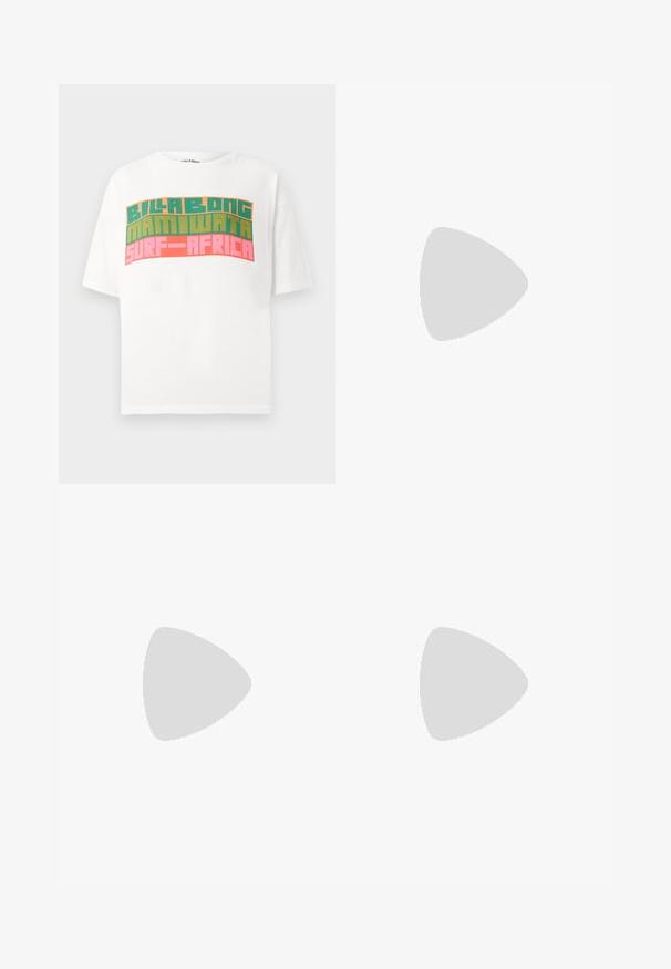 White short-sleeve t-shirt with retro block text reading "BILLABONG MAMIWATA SURF AFRICA" in orange, green, and pink.; Black wide-leg trousers made from a soft fabric, featuring a front button closure, clean lines, and a minimalist design without patterns.; White leather sneaker with beige suede accents, perforated toe box, flat laces, and a textured cream sole. Features subtle branding on heel.; Black sunglasses with a chunky shape, dark lenses, and glossy accents on the frame. Silver-toned hardware detail near the temples.