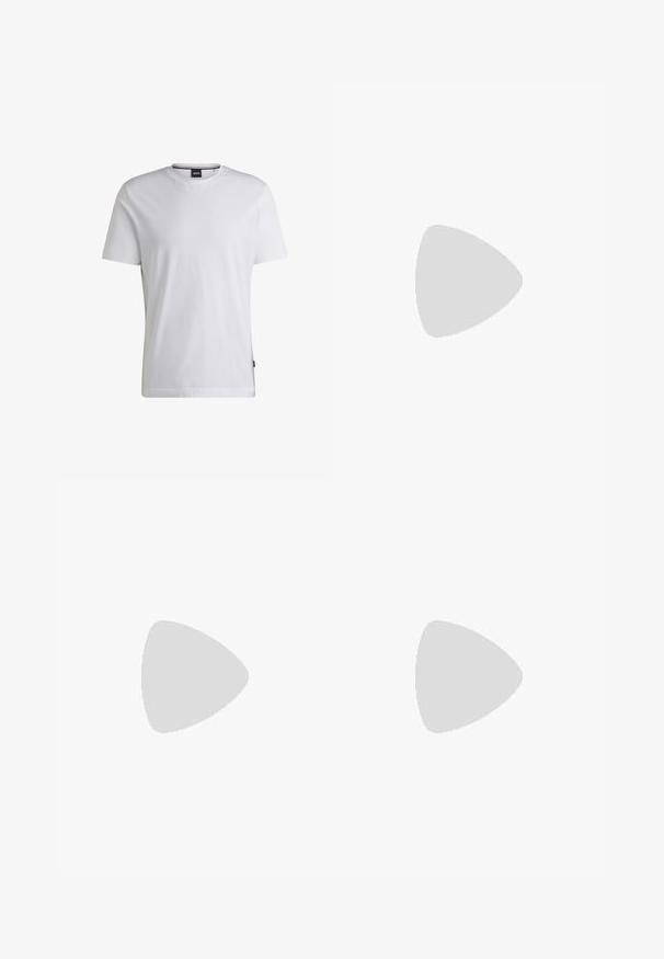 White short-sleeve T-shirt made of cotton. Features a crew neck and a subtle brand tag on the side. Smooth texture and simple design.; Light blue denim jeans with a slim fit. Features a five-pocket design, subtle stitching, and a classic waistband with a metal button closure.; Black sandal with two adjustable buckles, a cork footbed, and a textured, rubber sole. Features a minimalist design and open-toe style.; Black leather shoulder bag with a rectangular shape, a textured surface, embossed logo, and an adjustable strap. Zipper closure at top.