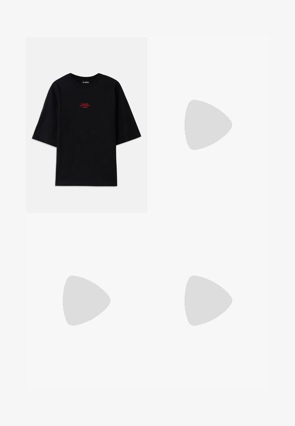 Black cotton T-shirt with short sleeves and a crew neck. Features a red "SNAKE CHARMER" graphic on the chest.; Black sweatpants with a relaxed fit, featuring intricate swirling stitching patterns along the sides and an elastic waistband with drawstring.; White and gray sneakers with green accents, featuring a mesh upper and rubber sole, paired with blue denim jeans with frayed hems.; Black bag with a rectangular shape, made of smooth material. Features a top zipper, adjustable strap, and white text: "HAN KJØBENHAVN."