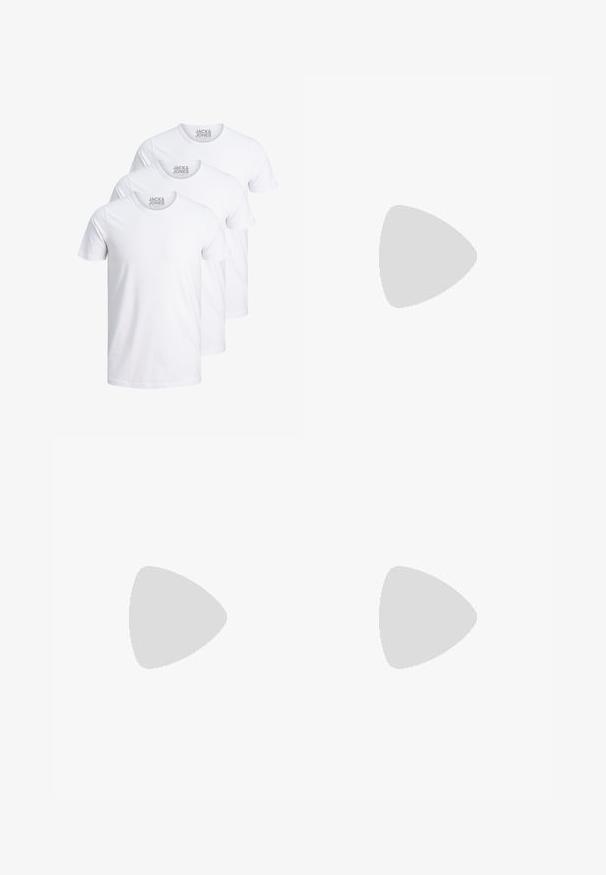 Three plain white cotton t-shirts stacked, featuring a crew neck, short sleeves, and a simple design with a visible brand label on the collar.; Black shorts made from a smooth fabric, featuring a single front button, pleats, and side pockets, designed for a relaxed fit.; Low-top sneakers made of textured grey and beige materials, featuring white rubber soles, laces, and branded accents on the side.; Brown paisley-patterned scarf made of lightweight fabric, designed in a loop with knotted ends. Soft texture with intricate detailing.