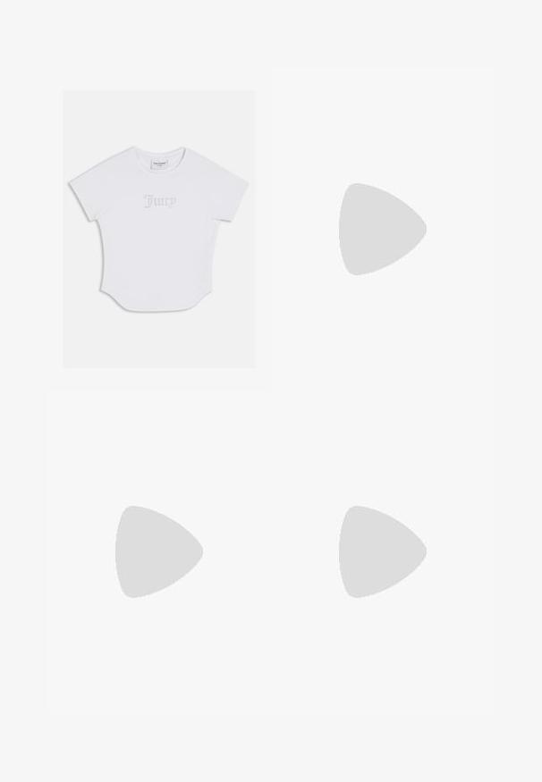 Balts īsām piedurknēm T-krekls ar apaļu kakla izgriezumu, rotāts ar dekoratīviem rhinestone burtiem "Juicy" krūšu daļā. Mīksts kokvilnas audums.; Melnu, platajām biksēm ar strukturētu audumu, elastīgu jostasvietu un PUMA logotipa akcentu. Vienkāršs dizains ar ikdienišķu piegriezumu.; Baltas masīvkājas sporta apavi ar strukturētu virsu, sieta paneļiem un biezu gumijas zoli ar izteiktu protektora rakstu. Iekļautas auklas un cilpa uzvilkšanai.; Metāliska sudraba rokassoma ar gludu tekstūru, unikālu izliekta dizaina, sprādzi aizdari un regulējamu siksnu. Kompakta forma, kas piemērota svarīgākajām lietām.