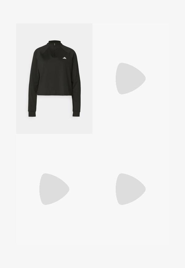 Schwarzer Pullover mit Viertelreißverschluss aus glattem Stoff, langärmlig, mit hohem Kragen und einem weißen Logo auf der linken Brust.; Schwarze Sporthose mit hohem Bund, ausgestelltem Beinschnitt und weißen Seitenstreifen. Mit dem Adidas-Logo auf dem linken Oberschenkel.; Leichte Sportschuhe mit einem cremefarbenen Mesh-Obermaterial, grauen Streifen, einer grünen Akzentfarbe und einer strukturierten blauen Fersenkappe. Schwarze Schnürsenkel.; Schwarze Duffel-Tasche mit weißem Adidas-Logo, aus strapazierfähigem Stoff gefertigt. Verfügt über zwei Griffe und einen Reißverschlussverschluss. Strukturiertes Finish mit verstärktem Boden.