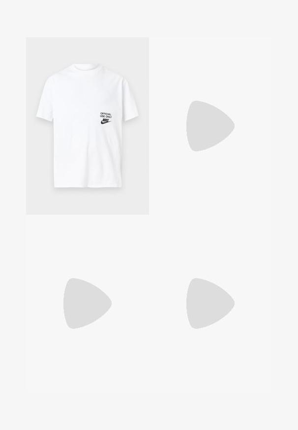 Bílý bavlněný tričko s krátkým rukávem, se černým potiskem, který říká "JEN PRO OFICIÁLNÍ POUŽITÍ" spolu s logem Nike na levé straně.; Šedé kostýmové kalhoty vyrobené z pletené látky, s plochým předním dílem, standardním pasem s poutky na opasek a slim-fit rovnými nohavicemi.; Světlé šedé tenisky s texturovaným svrškem, šněrováním a robustní krémovou podrážkou s jedinečnými vzory a akcenty.; Stylové černé sluneční brýle s modrými zrcadlovými čočkami, čtvercovými rámy a modrým akcentem na spáncích. Vyrobené z lehkého plastového materiálu.