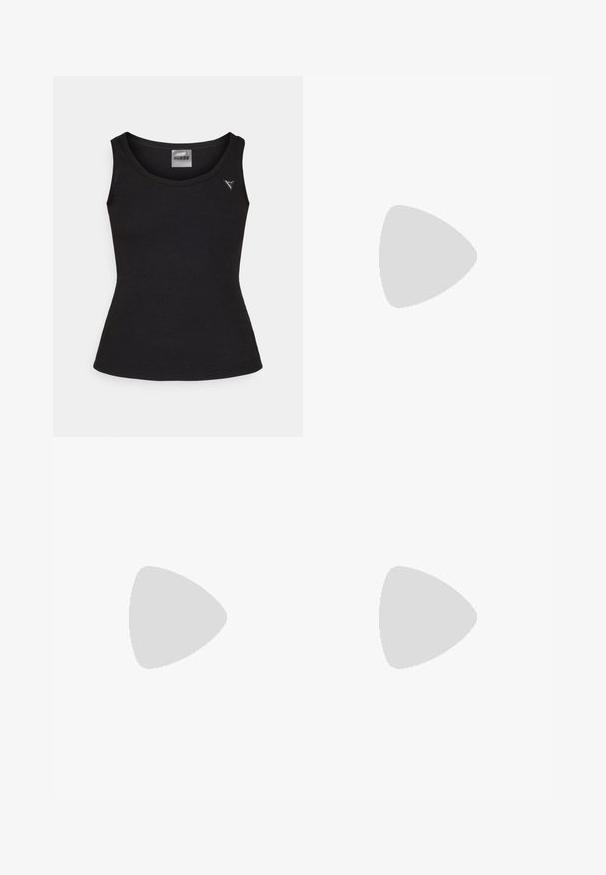 Schwarz geripptes Tanktop mit rundem Ausschnitt, das ein kleines silbernes Logo-Detail auf der linken Brustseite aufweist. Glatte Textur, enganliegendes Design.; Zwei Paar Schwangerschaftsleggings: ein graues Paar und ein schwarzes Paar. Beide zeichnen sich durch eine glatte Textur, einen elastischen Bund und ein figurbetontes Design aus.; Weißer Sneaker aus Mesh- und Synthetikmaterialien, mit schwarzen und braunen Akzenten, strukturierten Seiten und einem markanten Logo. Gummisohle.; Guess UNISEX - Sonnenbrille - shiny black; Schwarze Tragetasche aus strukturiertem synthetischem Material, mit zwei Griffen, einem goldenen Logo-Schild und einem kleinen Anhänger mit Akzentdetail.