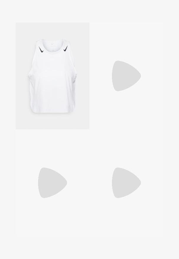 Bílý bezrukávový top vyrobený z lehkého materiálu, s černými akcenty loga Nike na ramenech, kulatým výstřihem a uvolněným střihem.; Fialové legíny Nike Pro mají přiléhavý design, elastický pás se logem a hladký povrch, vhodné pro sportovní aktivity.; Černé sportovní boty s texturovaným pleteným svrškem, bílou mezipodešví a černými tkaničkami. Noseny s bílými žebrovanými ponožkami se značkou.; Sluneční brýle s bílým rámečkem, šedými akcenty a modrými zrcadlovými čočkami. Sportovní design, obepínající tvar a nastavitelné nosní podložky.