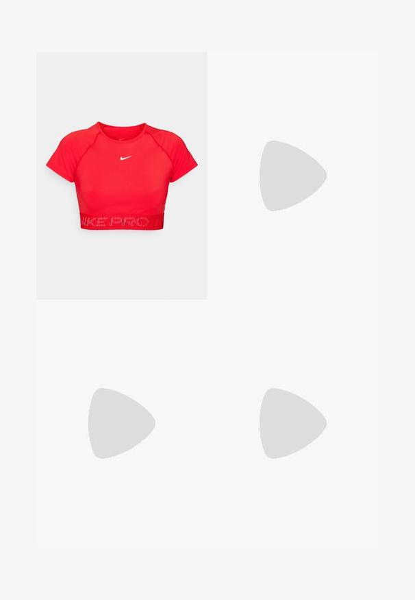 Camiseta atlética cropped vermelha com mangas curtas, feita de material elástico. Apresenta um logotipo branco da Nike e uma cintura texturizada com o texto "NIKE PRO".; Calções atléticos pretos com um cós elástico franzido, forro interior e o logótipo da Nike em branco no lado inferior esquerdo. Tecido suave e leve.; Sapatilha atlética branca com tecido texturizado, detalhes em gradiente colorido nas cores rosa, turquesa e amarelo, e um design de sola que oferece suporte.; Luvas pretas sem dedos feitas de material elástico, com um design de palma aberta, detalhes antiderrapantes e o logo da Nike em branco.