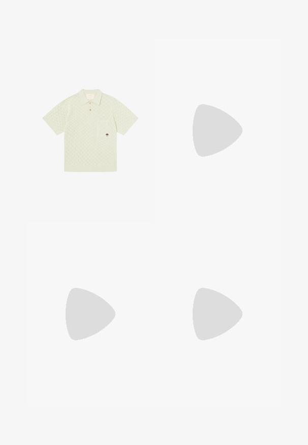 Polo din tricot cu mâneci scurte, de culoare verde mentă, cu un model de dantelă, având guler, două butoane și un buzunar cu petic cu logo-ul unui copac.; Pantaloni albi, cu talie elastică și șnur. Design cu picior drept, dintr-un material fin și ușor, fără modele.; Sneaker alb cu partea superioară joasă, șireturi în față, patch de călcâi din suede gri și logo-ul "Tommy Hilfiger" pe lateral.; Ochelari de soare cu ramă metalică, dotati cu lentile ovale verzi. Ramă subțire din metal argintiu și ușițe negre. Design minimalist, fără logo-uri vizibile.