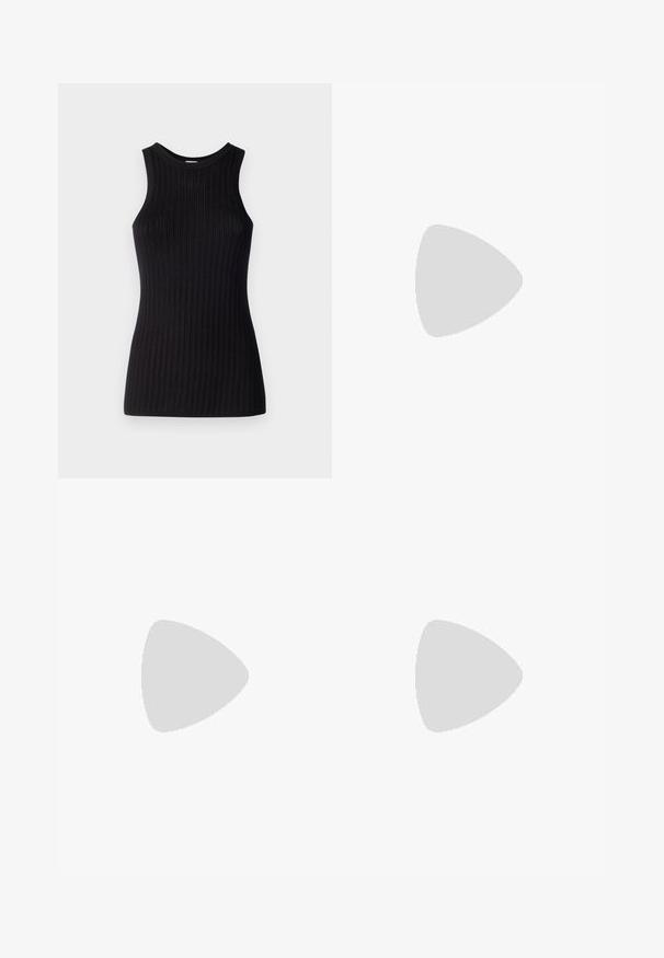 Black sleeveless top with ribbed texture, round neckline, fitted shape, and a smooth finish. Lightweight knit fabric.; High-waisted black trousers made of cotton. Features a wide-leg design, pleats, and rolled cuffs. Smooth texture, no visible patterns or hardware.; Black ankle boots made of smooth leather, featuring a pointed toe, fitted shaft, and a slim high heel. Minimalist design with no visible hardware.; Brown leather clutch bag, rectangular shape, textured surface, detachable strap, zip closure, subtle logo embossed on front.