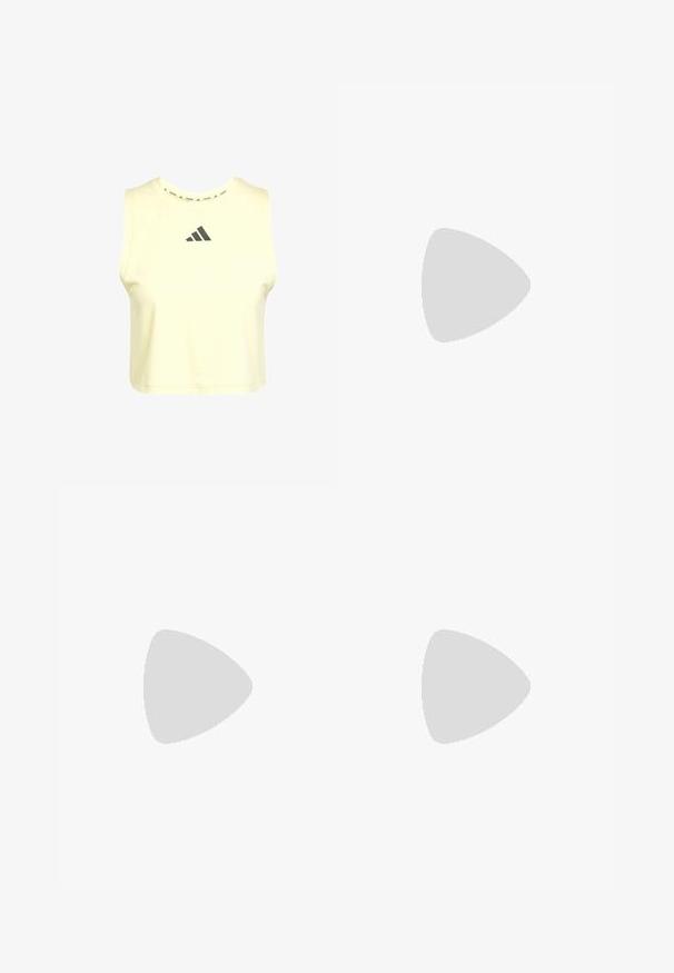 Lühike varrukateta topp, mis on valmistatud pehmest kollasest kangast, ümmarguse kaelusega ja tumeda halli Adidas logo küljes. Sile tekstuur.; Must mustrantskleit elastse vöökoha, lehviku kujunduse, sileda tekstuuri ja küljetaskutega. Sobib aktiivseks kantmiseks või vabaks ajaks.; Kergedatavad spordijalatsid, millel on kreemvärvi mesh pealisosa, hallid triibud, roheline aktsent ja tekstureeritud sinine kand. Mustad paelad.; Prillid läbipaistva halli raami, toonitud objektiivide ja nurkadega disainiga. Omab eristuvat ninaosa ja tekstureeritud tumeda halli kõrvaklappi.