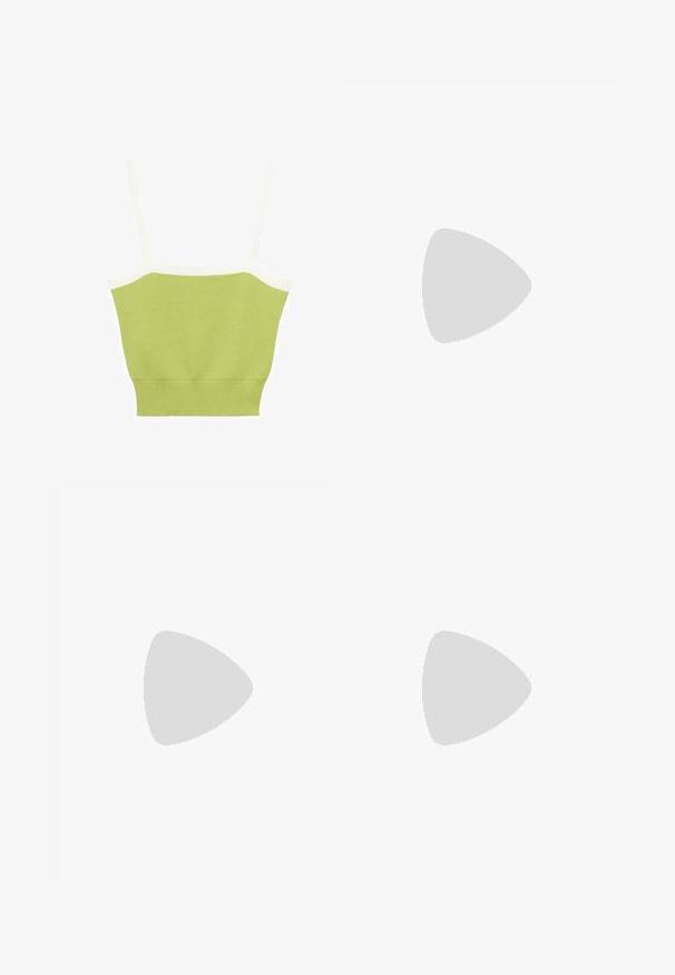 Green knitted crop top with thin white straps. Features a ribbed texture and fitted design, with a contrasting white neckline.; Beige knit short-sleeve top with ribbed hem, paired with a flowy, pleated cream skirt. Material features a subtle texture.; Black strappy sandal with a square toe and a low block heel. Features multiple thin straps and an adjustable ankle strap. Made of smooth leather.; White quilted handbag with gold hardware, featuring a chain strap and a short handle. Includes a prominent decorative logo on the front.