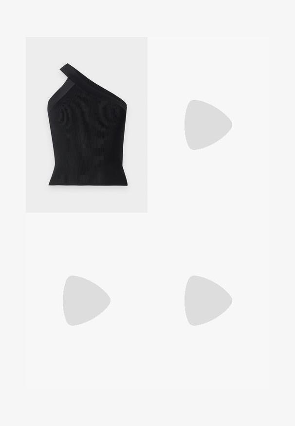 Iro FETHY - Tops - black; Džinsu svārki ar taisnu griezumu, gaiši zilu tonī, ar četrām kabatām, redzamu dūriena šuvēm un nedaudz saplēstu apakšmalu.; Melna ādas atvērta pirksta mule ar elegantu, izliekta dizaina, augstu stiletto papēdi un gludu tekstūru. Iekšpusei ir kontrastējoša gaiša krāsa.; Melnas, mīkstas ādas soma ar unikālu savērptu dizainu. Iespējo īsu rokturi un noņemamu plecu siksnu. Minimalistisks stils.