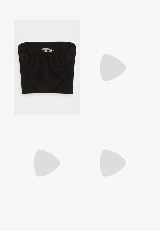 Black ribbed strapless top with a distinctive oval silver logo detail at the center. Smooth texture and fitted design.; Wide-leg pants made of soft fabric featuring a leopard print in warm beige and dark brown, with an elastic waistband for comfort.; Black athletic shoes with a textured mesh upper, curved rubber sole, and prominent tread pattern. Features integrated lacing and pull tab.; Black hobo bag made of smooth leather with a curved silhouette, featuring a single adjustable strap and minimalistic design details.