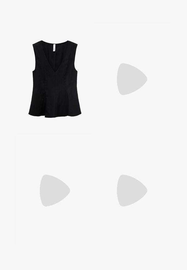 Sort ærmeløs top med V-udskæring, flagrende design og en glat tekstur. Stoffet virker blødt med subtile draperinger.; Sort maxi-sukker i strækbart stof med rynkedetaljer i taljen, der har en slank, lang og tætsiddende silhuet.; Brune læder slide sandal med åbent tådesign, bred rem med udskæringsdetalje, flad sål og glat overflade.; Sorte plastiske briller med oval form, der har klare linser og en lilla accent på venstre linse. Elegant, minimalistisk design.
