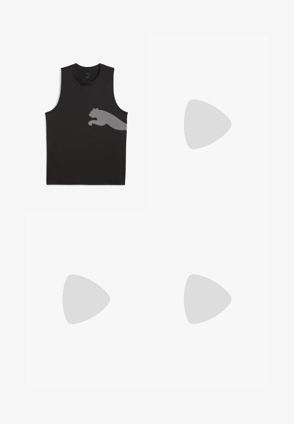 Must mustriga mustrinahkade tank top mustas, valmistatud siledast kangast, millel on vasakul küljel heledast hallist värvist peegeldav Puma logo.; Mustad mustrikad lühikesed püksid elastse vööga ja kinnitusköiega, mille vasakus alumises nurgas on valge logo. Sile tekstuur, keskmise reie pikkus.; Mustad mustreeritud mesh-ülemisega mustad spordijalatsid, pehme kaelus, nöörid ja kummist tald. Omab sujuvat disaini ja tugevat ehitust.; Mustmustäis, mis on valmistatud vastupidavast kangast, kahe tõmbluku avaga, pehmendatud käepidemete ja valge Puma logoga külgedel.