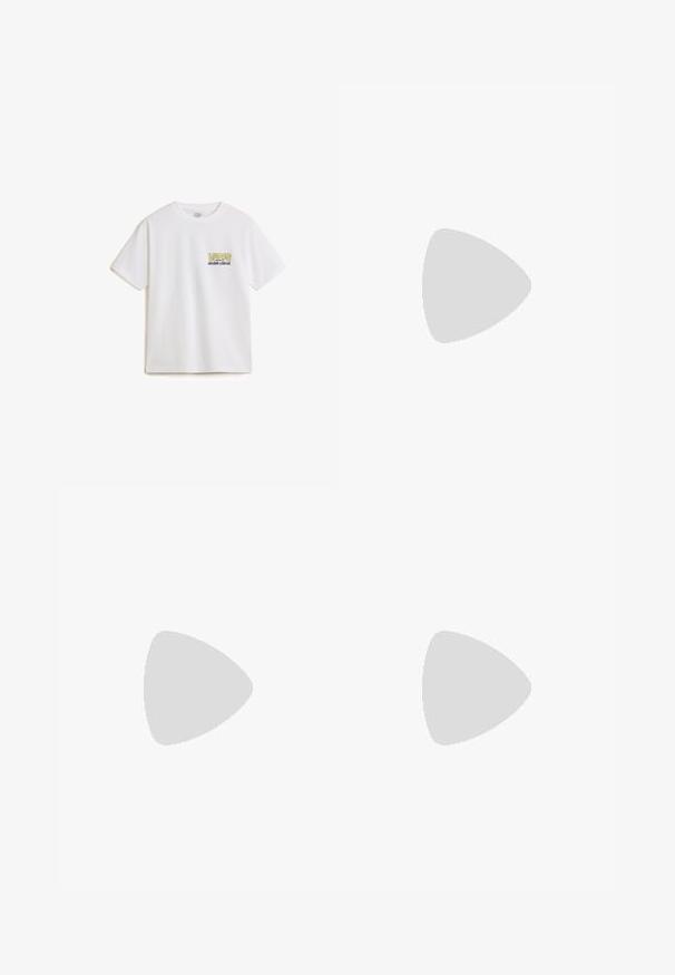 Camiseta de algodón blanca con mangas cortas, que presenta un logo de "VANS" en amarillo y negro y el texto "custom classic" en la parte izquierda del pecho.; Pantalones cortos verde claro hechos de una tela suave con una cintura elástica, bolsillos laterales, acentos blancos y un logo en la pierna izquierda.; Zapatillas deportivas beiges con materiales de malla y ante, punta redondeada, suela gruesa y acentos reflectantes notorios en los laterales.; Gafas de sol deportivas con montura negra, grandes lentes degradados con tonos púrpuras y verdes, y acentos de diseño angulares con detalles de logotipo.