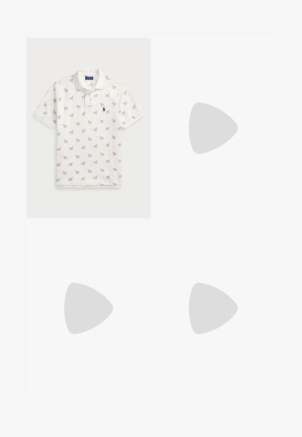 Polo bianco in cotone, con motivo a cani blu ripetuto e un piccolo logo blu sul petto. Maniche corte e colletto.; Camicia bianca con bottoni realizzata in cotone. Presenta un colletto a punta, maniche lunghe e un piccolo logo blu navy sul petto. Texture liscia.; Pantaloni da bagno blu e bianchi a righe, realizzati in tessuto leggero, con una vita elastica e un cordoncino regolabile, caratterizzati da una superficie liscia.; Sneaker atletico bianco con accenti in suede grigio, parte superiore in mesh, linguetta blu sul tallone e suola in gomma nera. Presenta una chiusura con lacci e un logo.