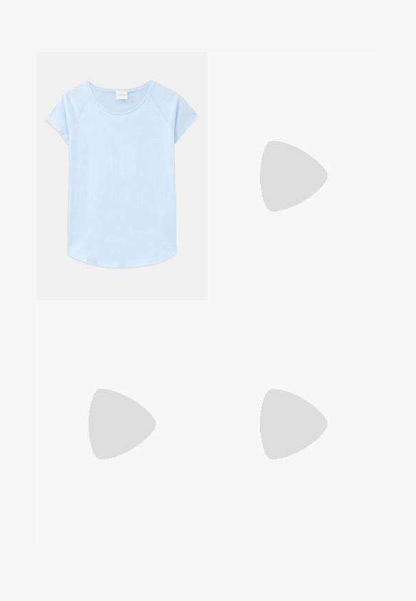 Light blue short-sleeve T-shirt with a rounded neckline, relaxed fit, and a curved hem. Made from soft fabric with a smooth texture.; Satin midi skirt in a mauve color, smooth texture, slightly flared hem, with a simple design and no visible fastenings or embellishments.; Black patent leather high-heeled mule with a pointed toe and a sleek silhouette, featuring an open back and a slender stiletto heel.; Navy blue leather clutch with a crocodile texture, silver chain strap, and metallic clasp. Rectangular shape with foldover design.