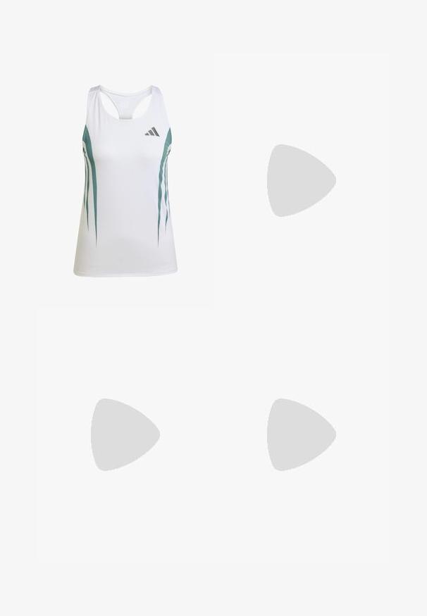 Weißes Sport-Tanktop mit türkisfarbenen Akzenten und geometrischem Muster. Verfügt über ein Racerback-Design und leichten, strukturierten Stoff.; Weiße Sportshorts mit blauen Streifen und grüner Markenkennzeichnung. Kombiniert mit weißen und schwarzen Turnschuhen sowie weißen Socken. Einfache Gestaltung.; Weiße Laufschuhe mit hellblauen Akzenten, atmungsaktives Mesh-Obermaterial, Drei-Streifen-Design, gepolsterte Sohle und strukturierte Traktionslaufsohle.; Weiße rechteckige Oakley-Sonnenbrille mit dunklen Gläsern, die auf einer weißen Oberfläche liegt, das Logo ist an der Seite sichtbar.