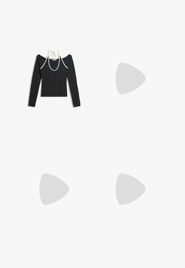 Svart långärmad topp med kalla axlar och en vit halterneckrem knuten baktill, liggande platt på en vit bakgrund.; Ljusblå denimjeans med rak passform, hög midja, två framfickor och klassisk knappstängning. Subtil blekning och inga utsmyckningar.; Röd lackläder slingbackklack med spetsig tå, prydd med en gyllene sfärisk detalj och en smal klack. Justerbar remdetalj.; Runda, bruntonade solglasögon med en glansig bordeauxfärgad ram. Smala bågar med subtilt varumärkesdetalj. Platt linsdesign.; Beige läderhandväska med en unik form, med två korta handtag och ett långt justerbart axelband. Slät textur med minimal hårdvara.