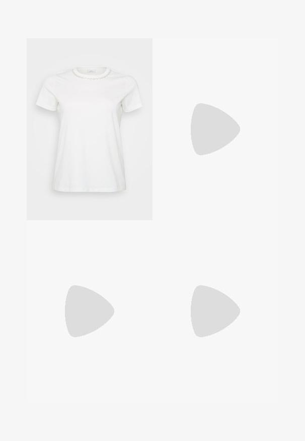White cotton t-shirt with short sleeves and a round neckline, featuring a decorative chain stitch pattern along the collar.; Black denim jeans with a straight cut, front pockets, and metal button closure. Features a clean finish and subtle stitching details.; Slingback high-heeled shoe in glossy dark brown patent leather, pointed toe, open sides, and adjustable ankle strap.; Black oversized sunglasses with gradient lenses, thick frames, and gold-tone chain detailing on the temple arms.; Set of 16 silver bangles with various textures, including smooth, twisted, and beaded patterns, arranged in four rows on a white background.